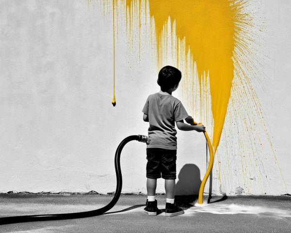 Child Spraying Yellow Paint on White Wall in Black and White
