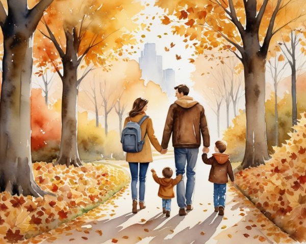 Family Walk on Scenic Autumn Path with City View