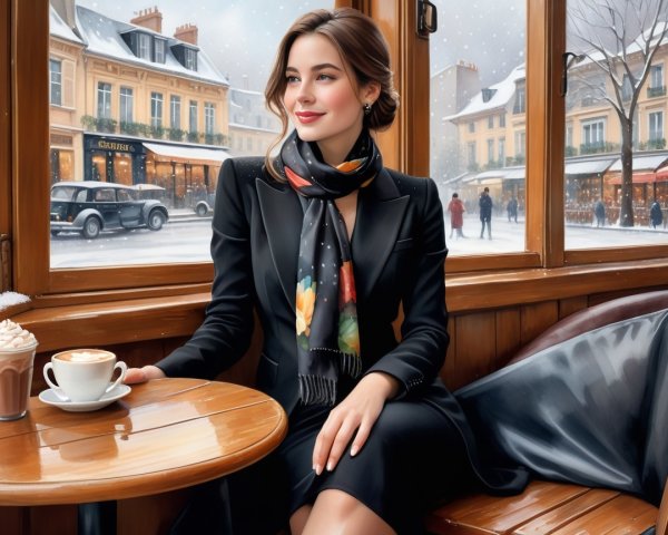 Young Woman in Cafe with Snowy Street View