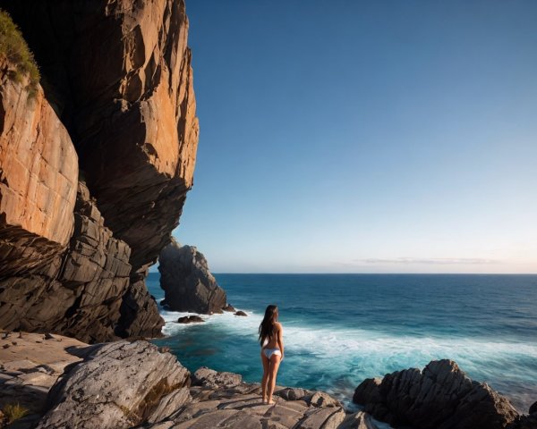 Coastal Scene with Woman on Rocks at Sunset