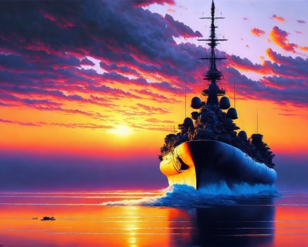 Battleship Sailing at Sunset Over Calm Waters