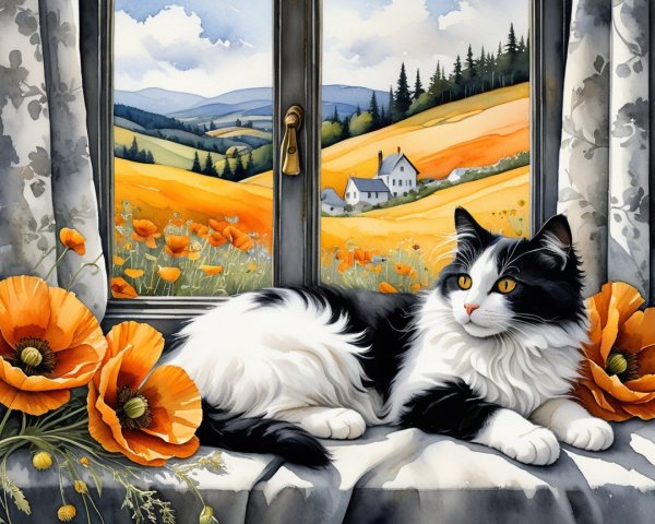 Black-and-White Cat on Windowsill with Orange Poppies
