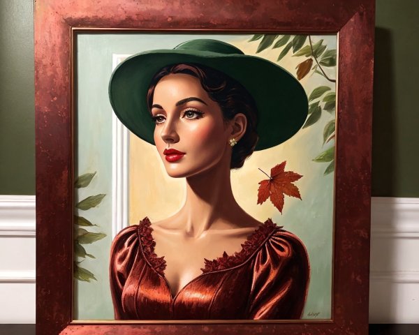 Elegant Woman in Green Hat and Rust Dress with Leaf