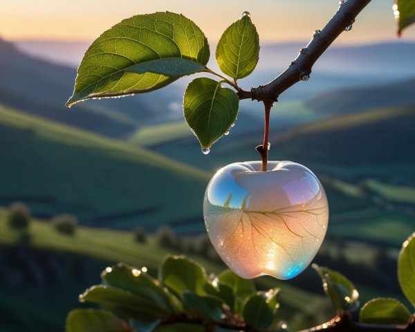 Translucent Apple-Like Orb on Dewy Tree Branch