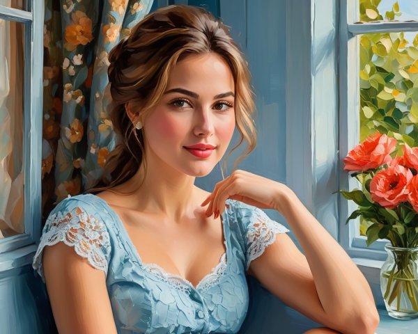 Digital painting of a woman in light blue dress