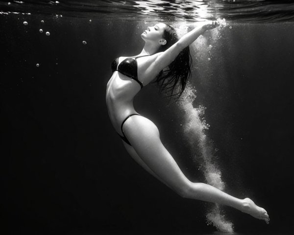 Underwater Figure in Dynamic Pose with Bubbles