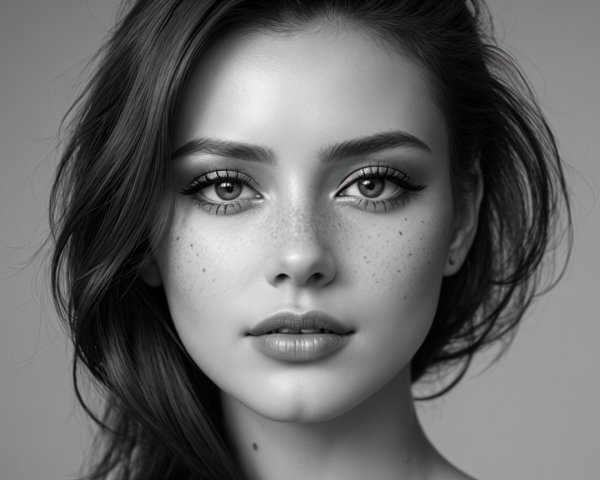 Black-and-white portrait of a young woman with freckles