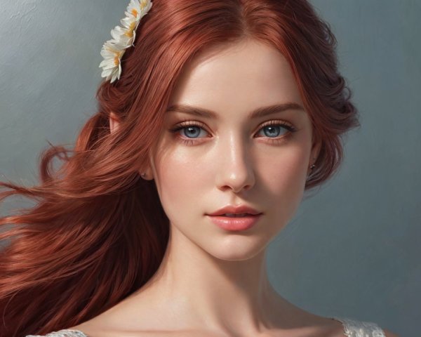 Young woman with red hair and white flower detail