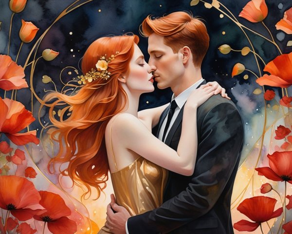 Romantic Couple Embracing with Cosmic Background