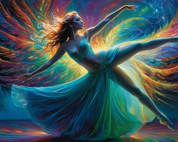 Dancer in Flowing Dress with Colorful Cosmic Background
