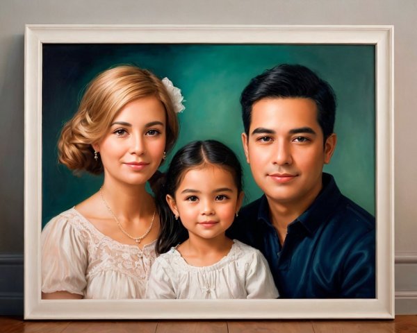 Digital Portrait of Family of Three Against Teal Background