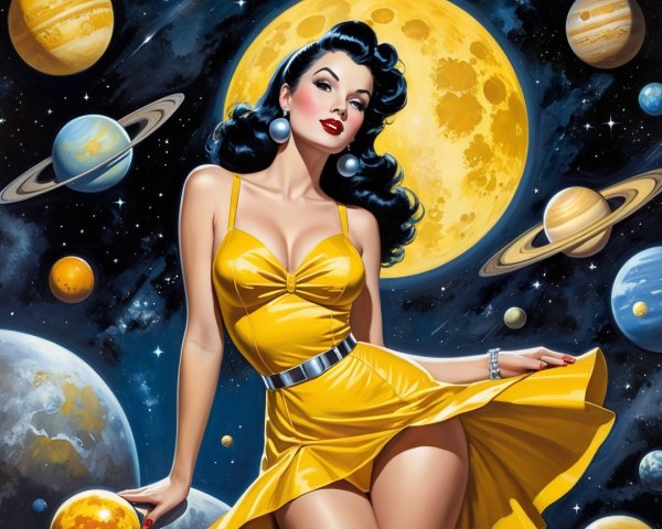Glamorous Woman in Yellow Dress Against Cosmic Background