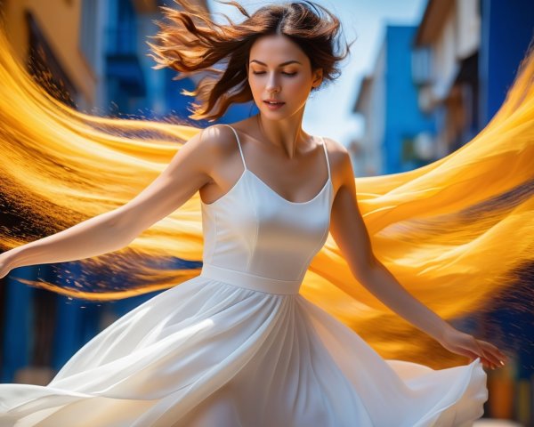 Woman twirling in white dress against colorful buildings