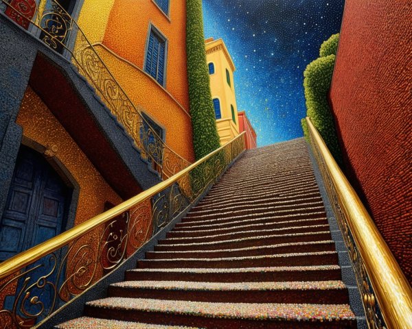 Vibrant Staircase Surrounded by Lush Greenery and Stars