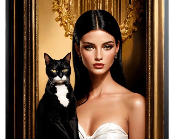 Elegant Portrait of Woman with Cat on Golden Backdrop