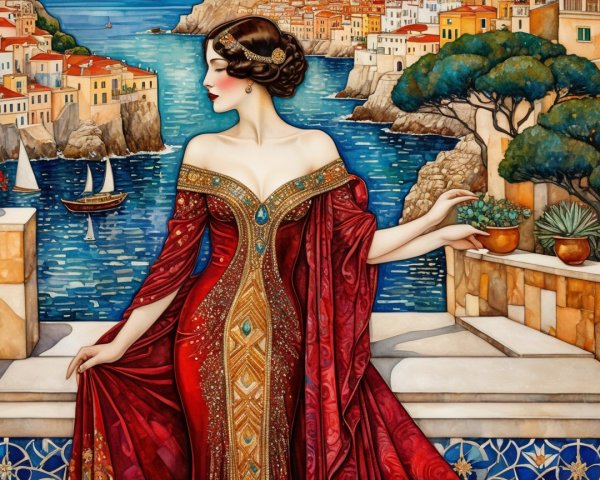 Woman in Red Gown at Coastal Village Scene
