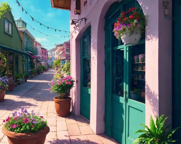 Charming Sunlit Street with Pastel Buildings and Flowers