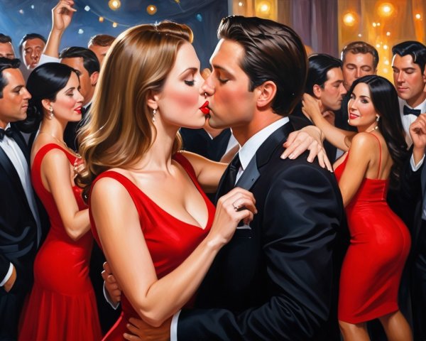 Sophisticated Party Scene with Romantic Kiss in Oil Painting