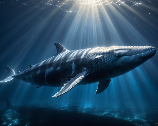 Majestic whale gliding through illuminated blue waters