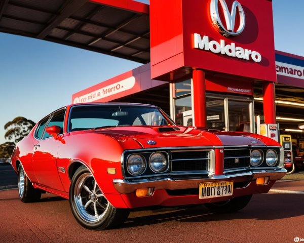 Vintage red muscle car at a colorful gas station