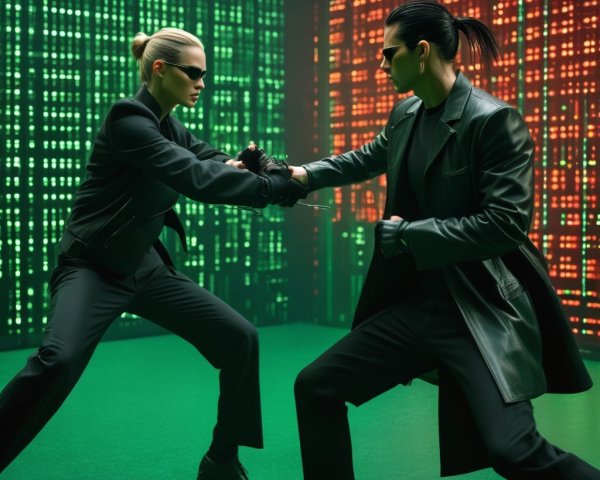 Cyberpunk Combatants in Futuristic Duel Setting