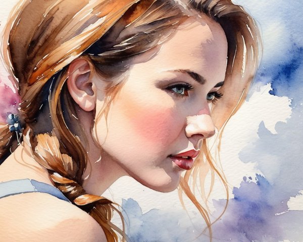 Watercolor Portrait of a Young Woman in Profile