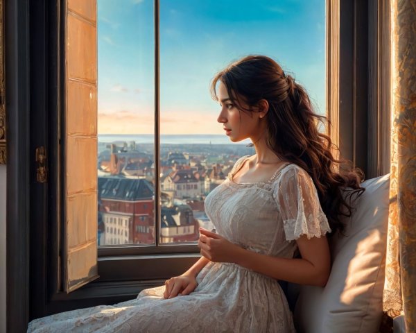 Young woman in white dress by window at sunset