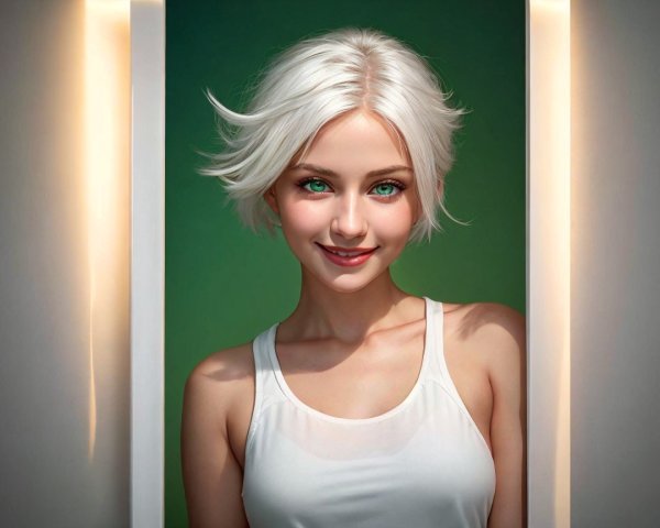 Young woman with platinum blonde hair and green eyes