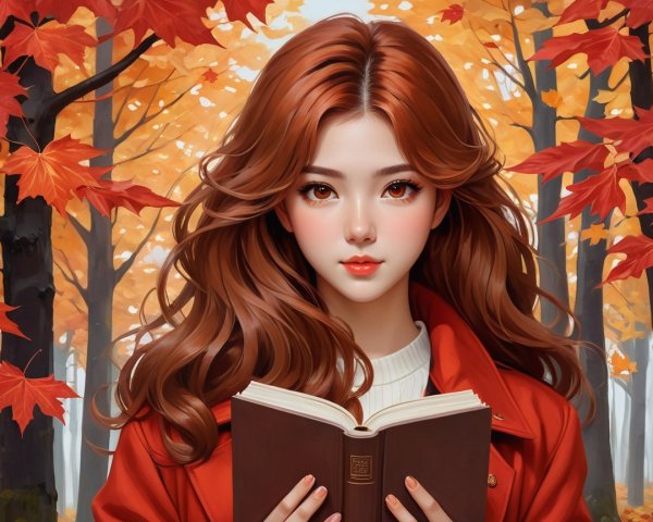 Young woman in autumn forest with vibrant foliage