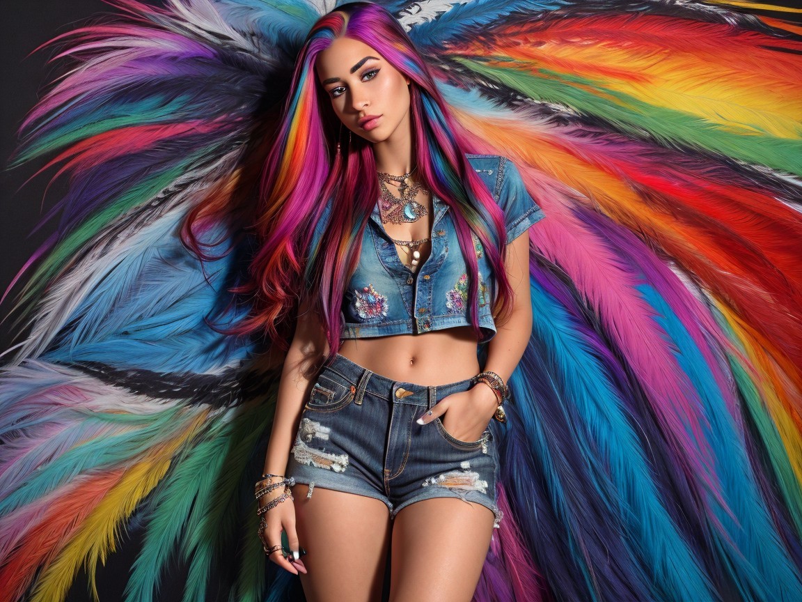 Young woman with multicolored hair in vibrant setting