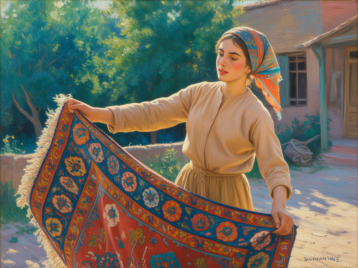 Young woman showcasing vibrant patterned carpet outdoors