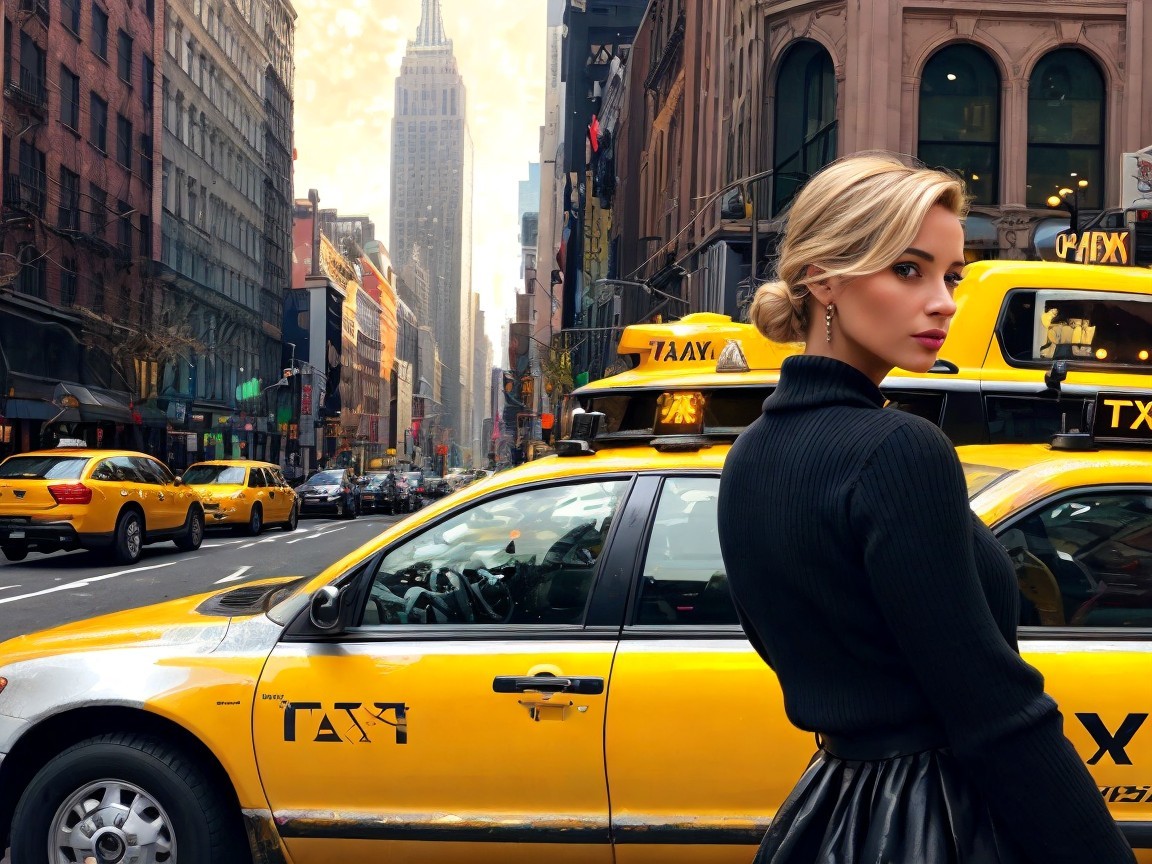 Stylish Woman on Busy City Street with Empire State Building