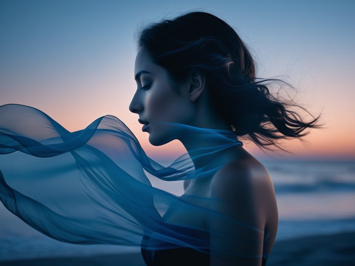 Silhouette of Woman Against Sunset at the Beach