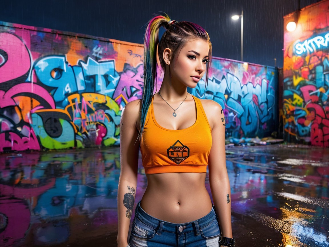 Young Woman Posing by Graffiti Wall in Rain