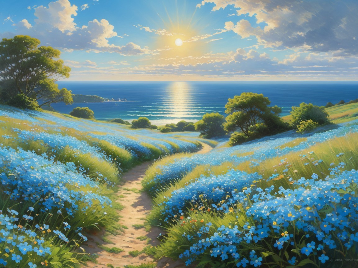 Vibrant Forget-Me-Nots in a Serene Landscape