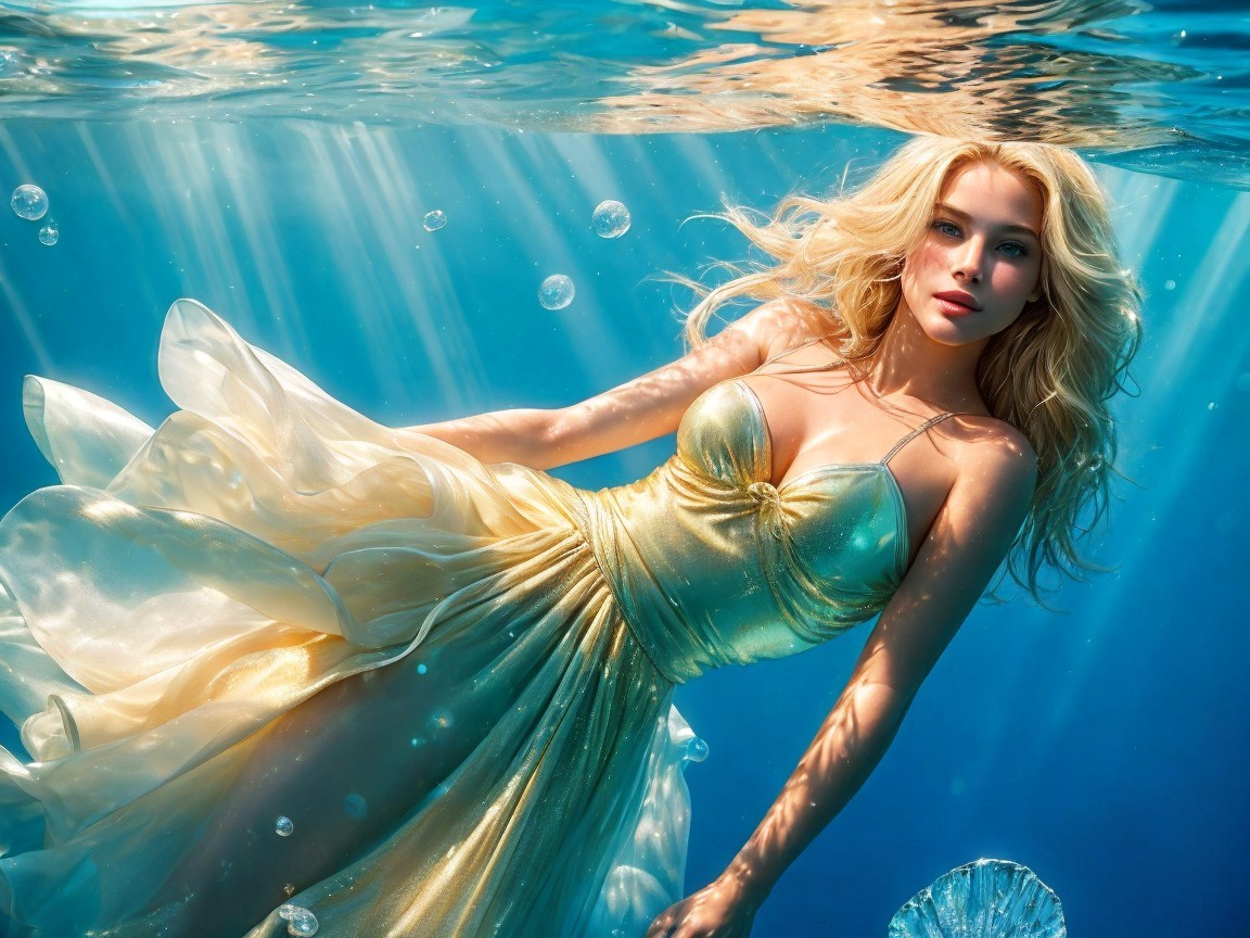 Underwater Scene with Gold Gown and Sunlight Rays