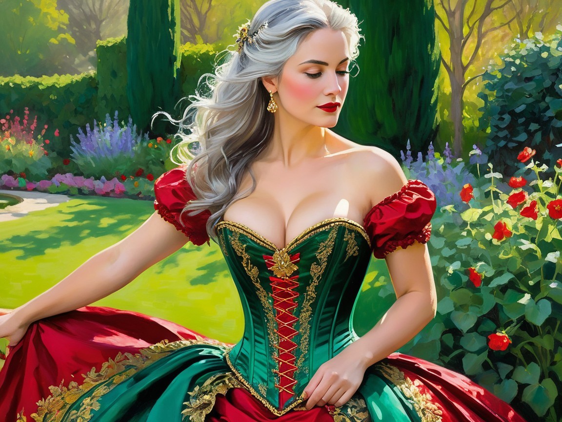 Regal Woman in Vibrant Garden with Elegant Gown