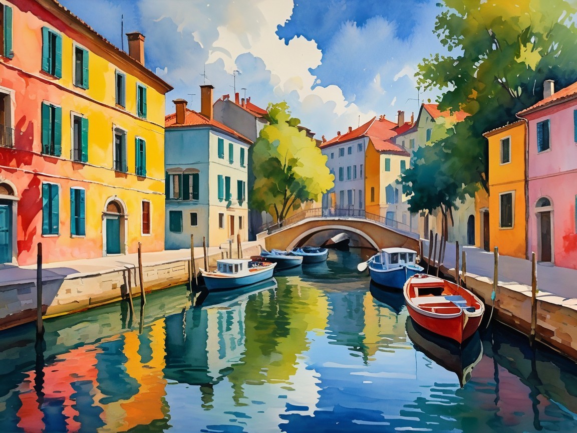 Vibrant Watercolor of a Colorful Canal Scene