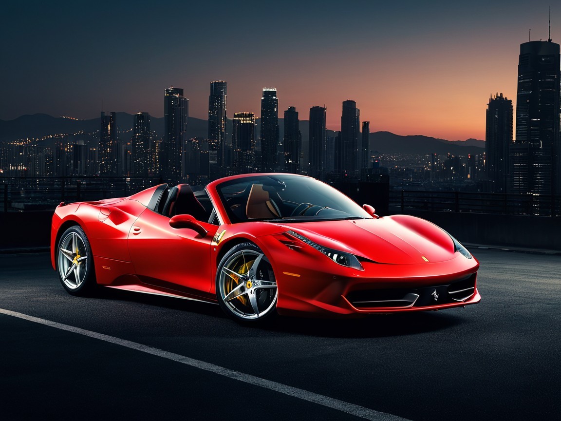 Red Ferrari 458 Spider Under Twilight Sky with Skyline