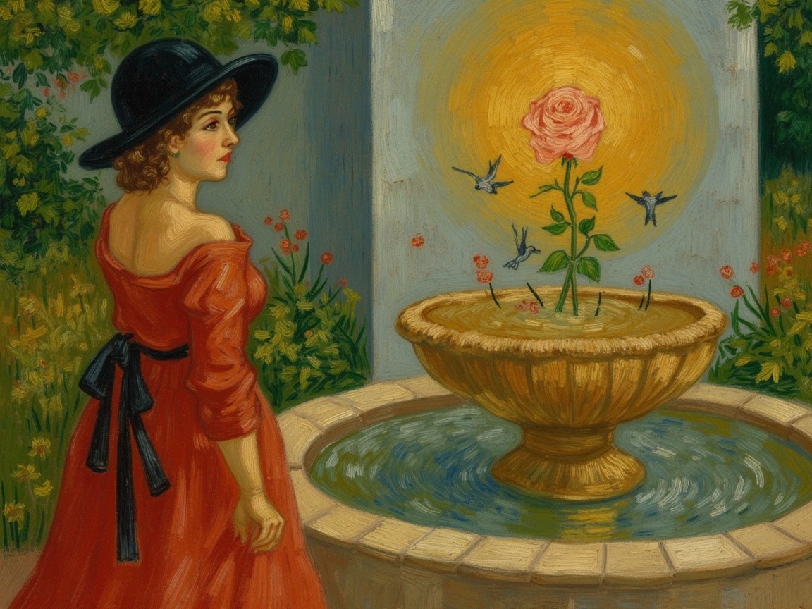 Woman in Red Dress Contemplates Rose at Fountain