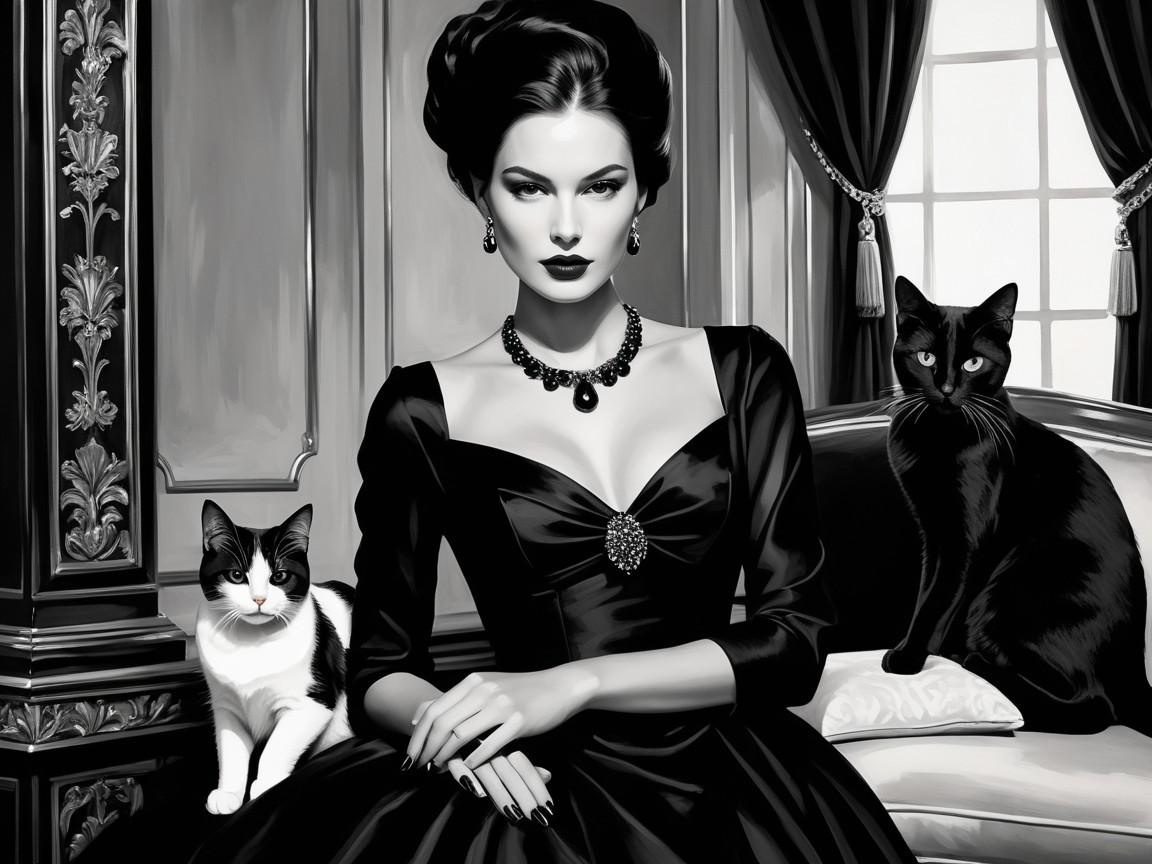 Elegant Woman in Luxurious Room with Cats