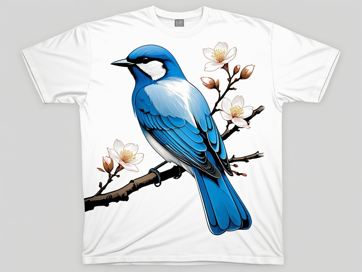 White T-shirt with Blue Bird and Floral Illustration