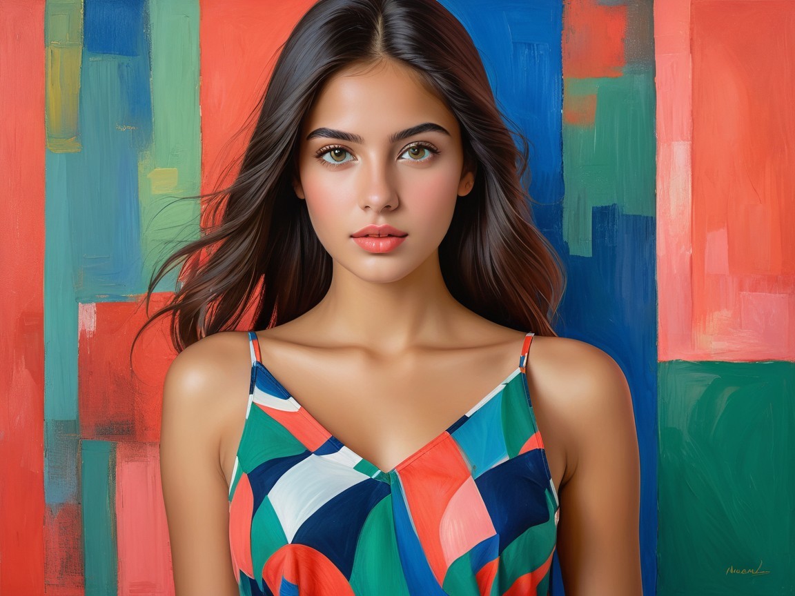 Young Woman in Vibrant Dress Against Abstract Background