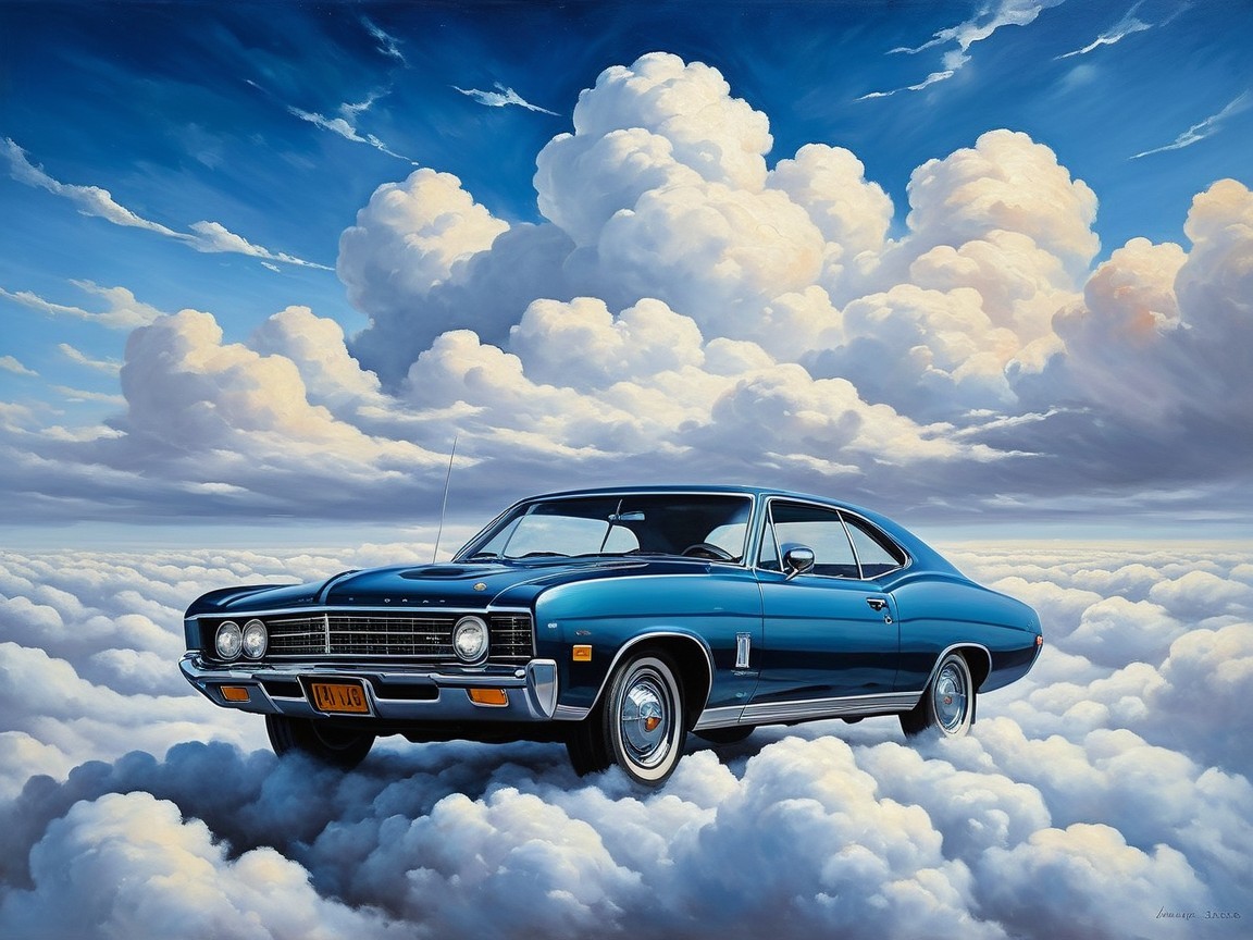 Blue Muscle Car on Fluffy Clouds Under Soft Sunlight