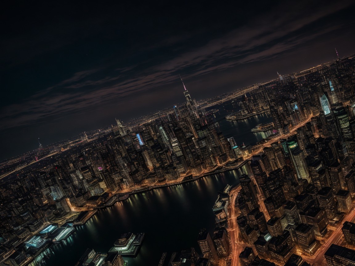 Aerial View of Vibrant City Skyline at Night