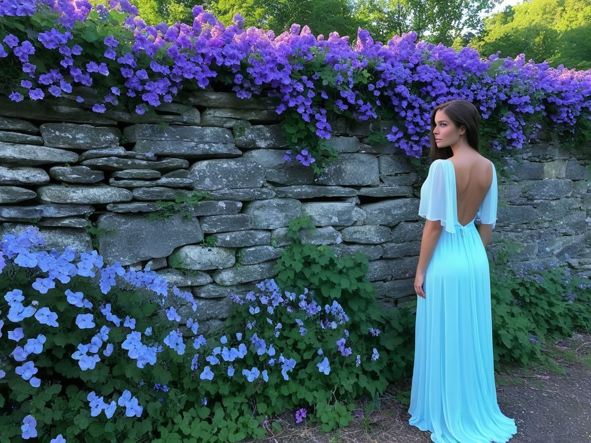 Young woman in light blue dress among purple flowers