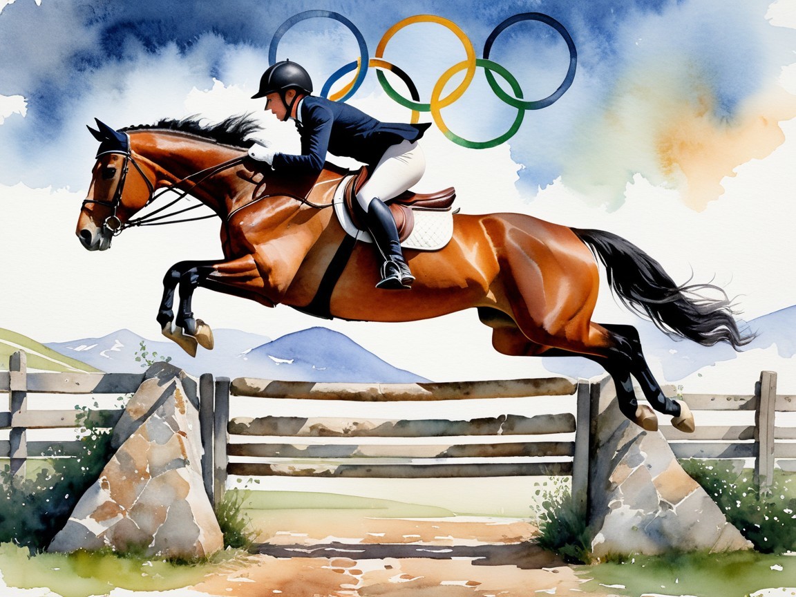 Watercolor Illustration of Equestrian Rider Jumping