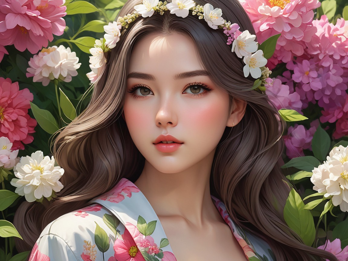 Young Woman in Floral Crown in Garden Setting