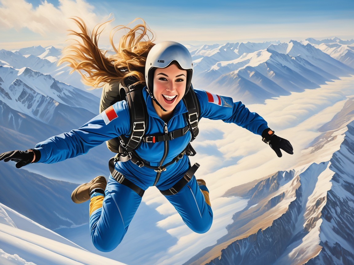 Skydiver in blue jumpsuit above snow-capped mountains