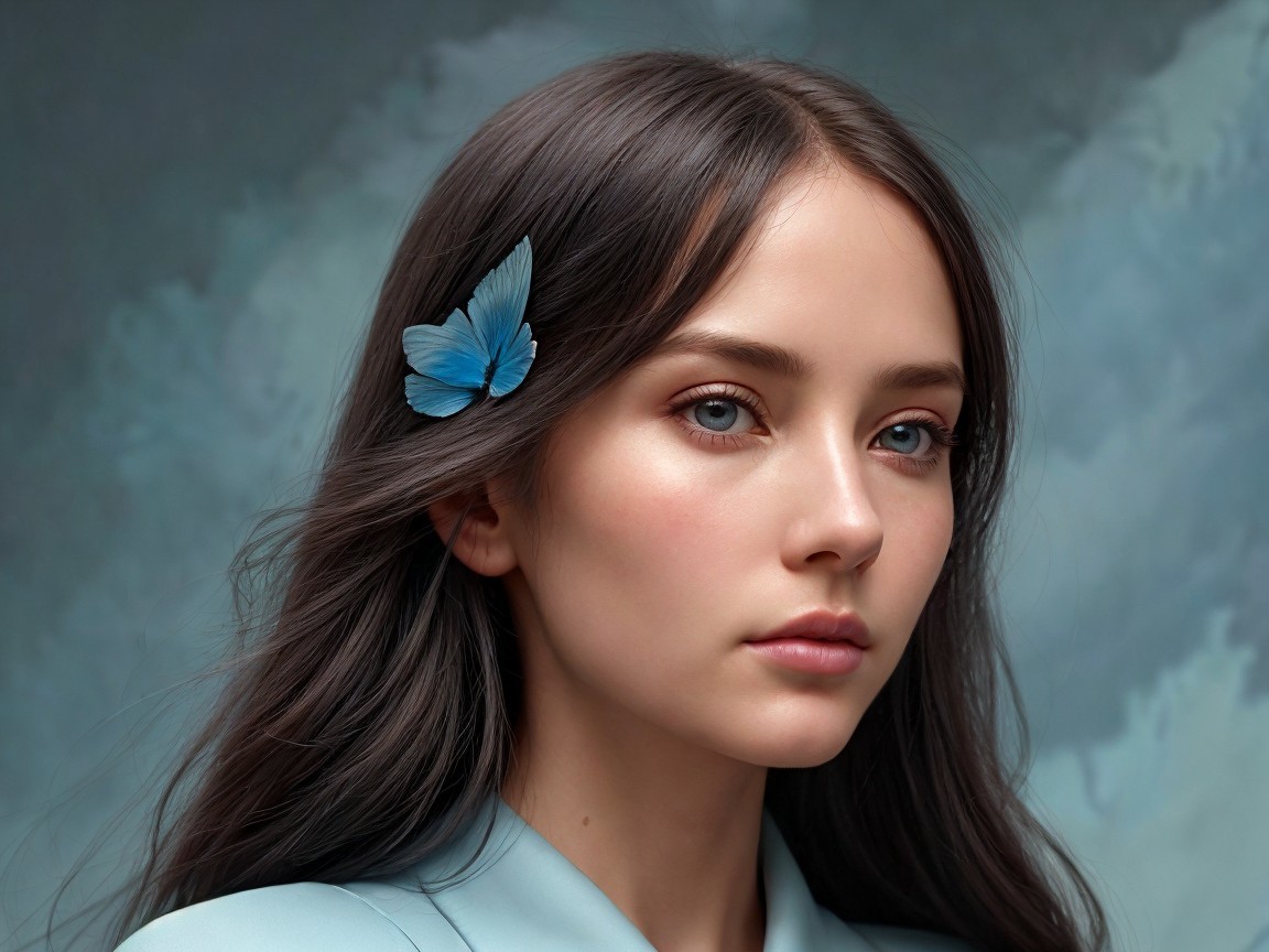 Young woman with dark hair and butterfly in serene setting